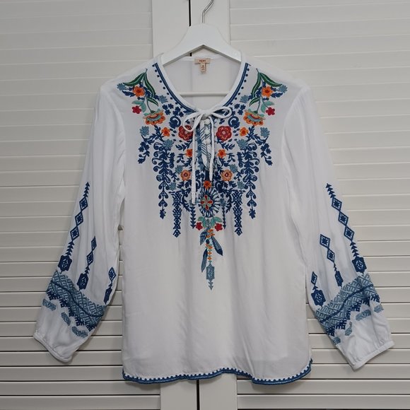Reba Embroidered Tunic White Blue Boho Peasant Style - Picture 12 of 12